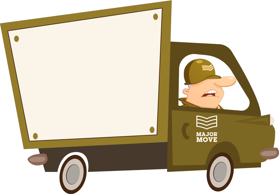 A cartoon of a soldier driving a moving truck